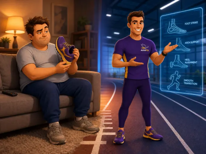 Rex the skeptical beginner runner on the couch meets Coach Fly on the running track — the two voices of AthliFly