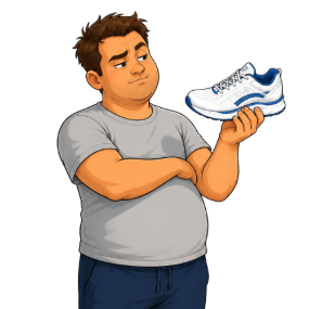 Rex the skeptical beginner runner holding a running shoe — AthliFly mascot