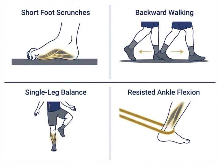 Infographic guide demonstrating 4 intrinsic foot strengthening exercises for runners with flat feet including short foot scrunches, backward walking, single-leg balance, and resisted ankle flexion.