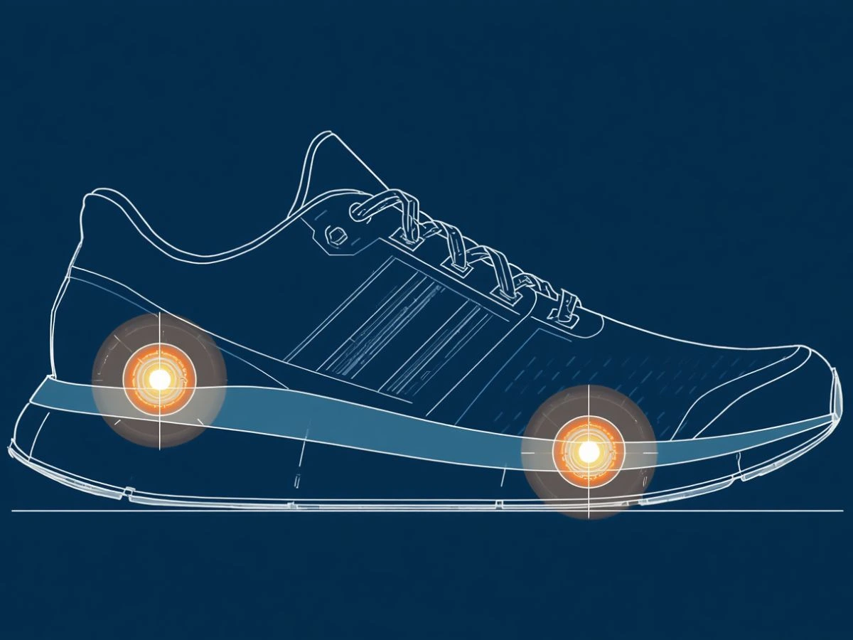 Technical blueprint schematic of a running shoe highlighting heel rocker, subtalar support, and forefoot rocker zones