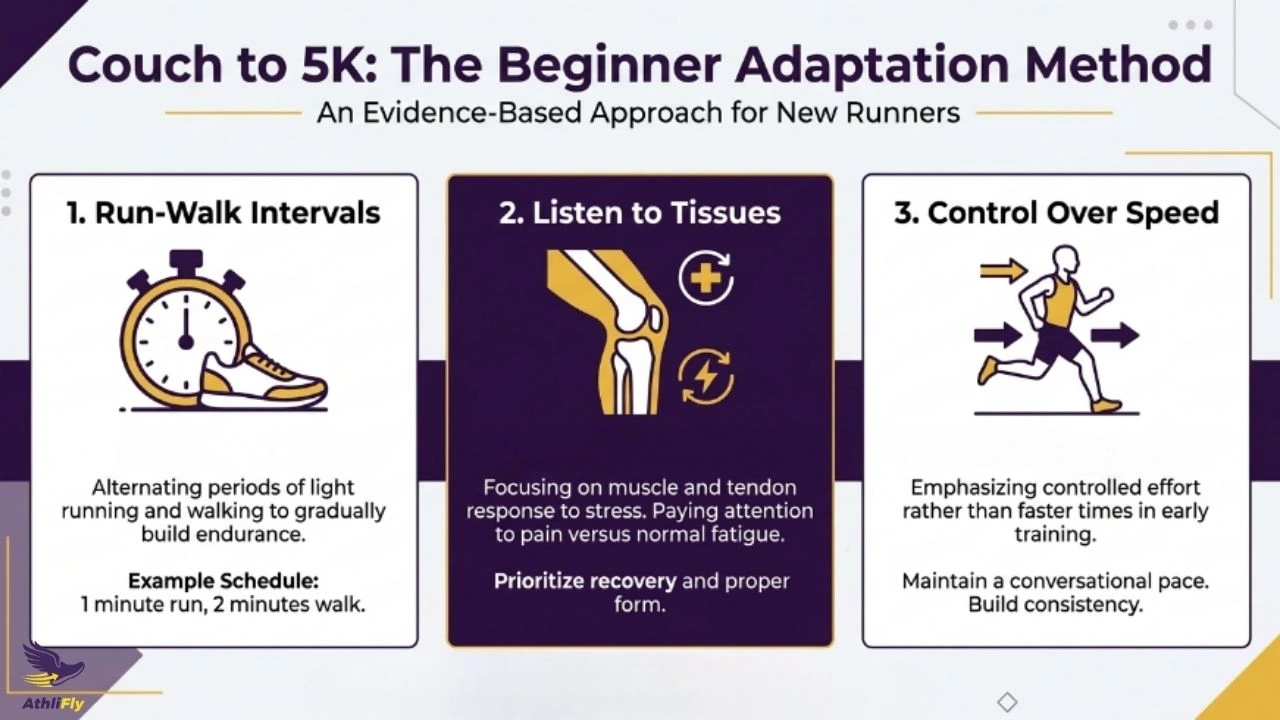 Couch to 5K Beginner Adaptation Method Couch to 5K beginner adaptation method infographic showing run-walk intervals, tissue adaptation, and speed control principles.