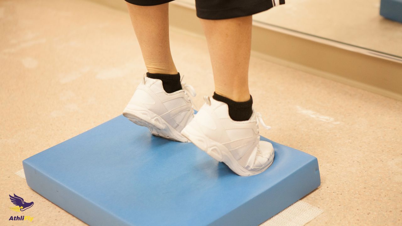 Strength training exercises for beginner 10K runners Beginner performing a calf raise exercise as part of a 10K strength routine
